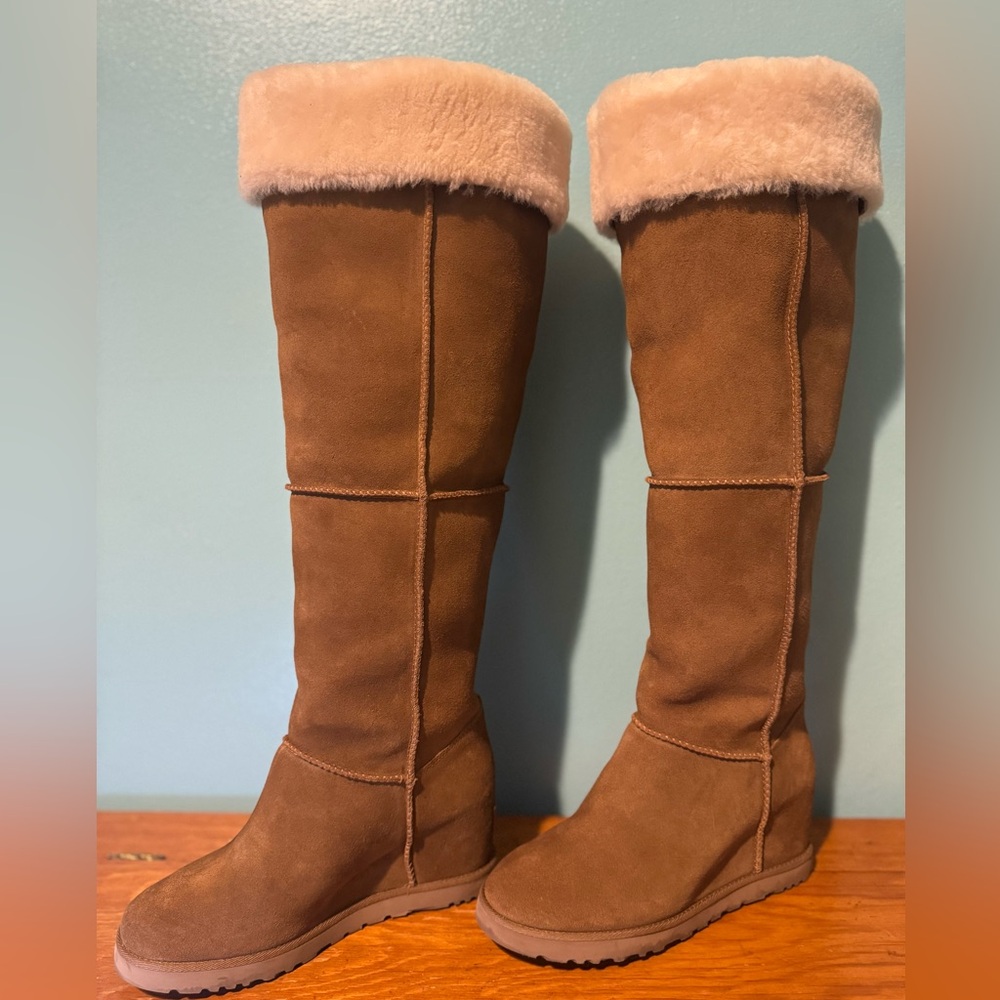 UGG Over-the-Knee Suede Boots with Pink Shearling Trim - Chestnut